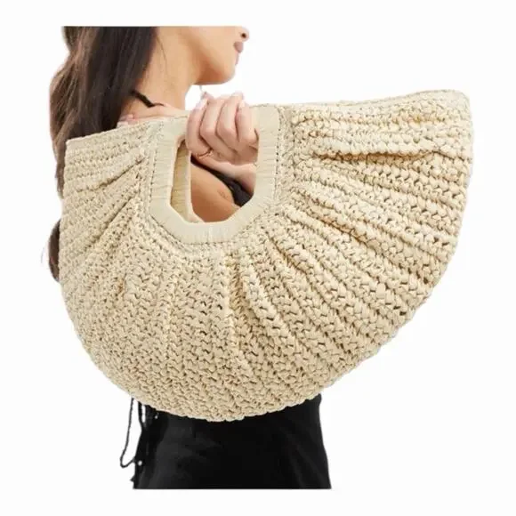 Ramla Bohemian Tan Woven Straw Half Moon Hobo Bag New Handmade Zip Closure - Picture 15 of 16